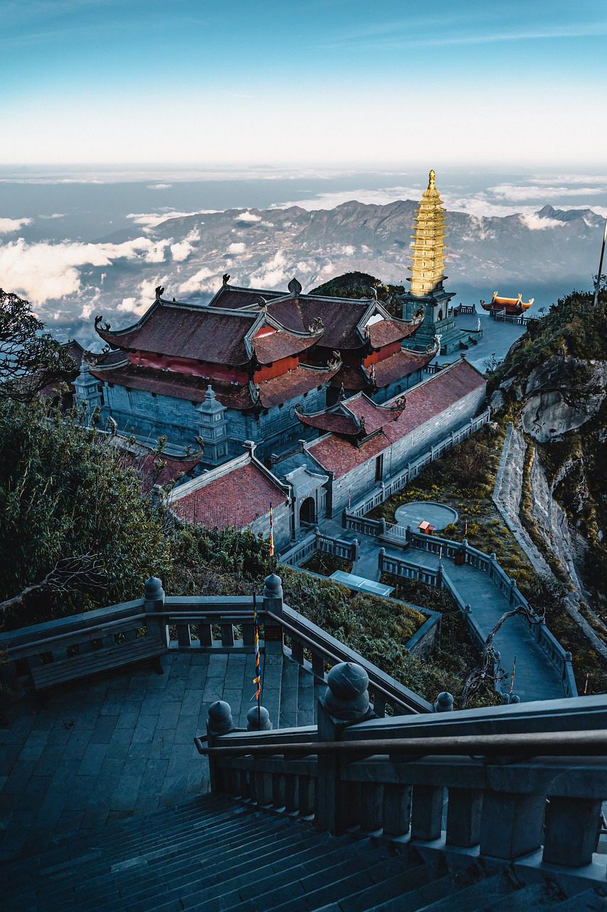 temple, stairs, mountains